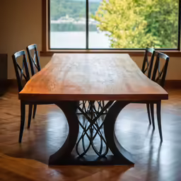 a large wooden table with black chairs in front of a window