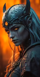 the face and head of a horned woman with horns and glowing eyes
