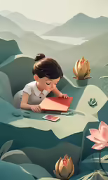 a painting with a girl on top of a mountain reading