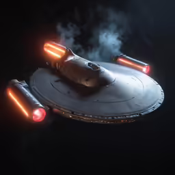 a spaceship flying through the air filled with smoke