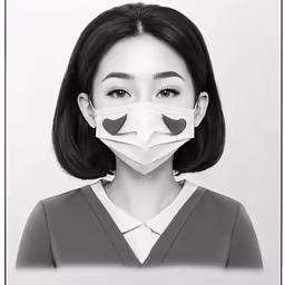 a woman in a mask, black and white photograph