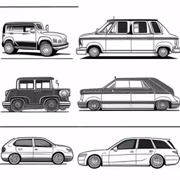 an assortment of cars in three different lines,four different kinds of cars that can be seen on the road