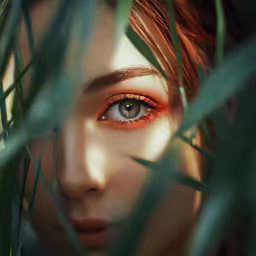 a woman with red hair looking over a green branch