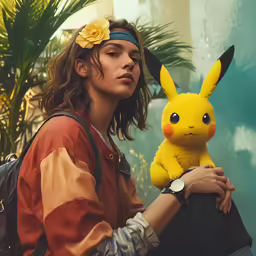 a girl in a pokemon outfit sitting down holding a toy
