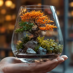 a miniature tree in a glass vase