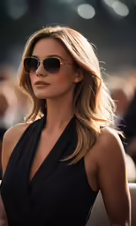 the beautiful model is wearing black and wearing sunglasses
