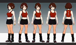 anime girl in short shorts and top,a woman wearing all black shorts and a red tank top