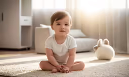 a young toddler sitting on a white carpet looking at the camera