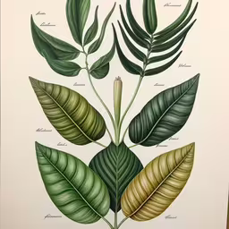a print of some green and yellow leaves,some green and yellow leaves that are on a white wall