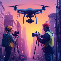 a man standing next to a camera on a city street