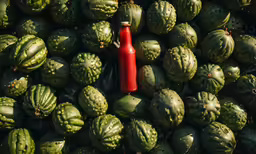 a bottle and some green watermelons in a field