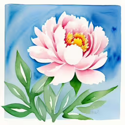 a large pink flower with green leaves in a blue and white backdrop,a picture of a pink flower on blue paper