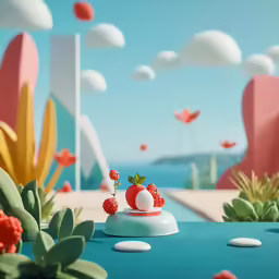 a table with two fruit and flower in the top