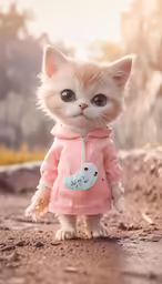 a white cat in pink is standing on dirt