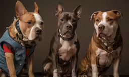 three dogs sit together in the same position