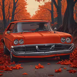 an old fashion orange car with trees in the background,an orange car in a leaf covered area