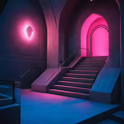 a dark lit stairwell with steps and stairs