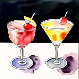 two drinks are next to each other with olives,two watercolor cocktails with cherry and lime,two wine glasses filled with colorful drinks on a table,there are two glasses filled with colorful drink,two drinks with a slice of orange on the rim and one with a cherry on the top