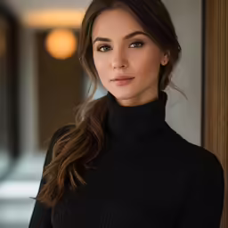 a woman wearing a black turtle neck sweater