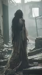 the female figure is walking through the room in the ghost like environment,a woman is dressed in an abandoned building