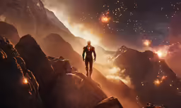 a sci - fier walking towards a huge, colorful light - up star filled mountain