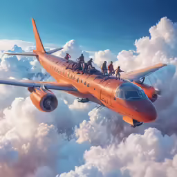some people are on a orange airplane flying over the clouds