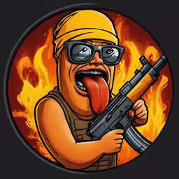 a man wearing sunglasses holding a gun in front of a flame