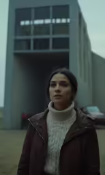a woman wearing a jacket stands in front of a large building