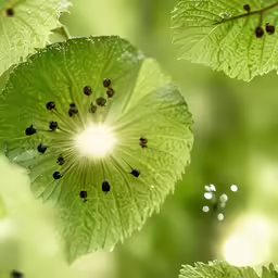 the inside of a green leaf with many dots