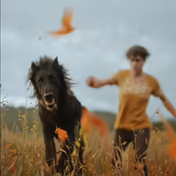 a boy and a dog playing in the grass