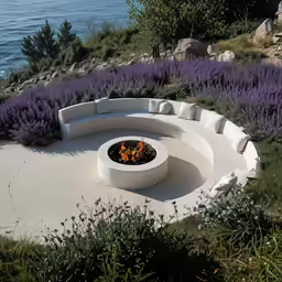 a round concrete fire pit surrounded by plants