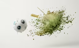 a strange image of a ball with splatter of green and yellow ink