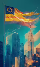 two flags flying over some tall buildings and one flag is in the air