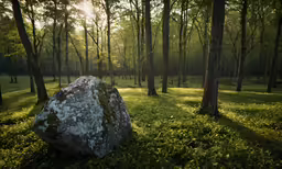 the sun is shining through some trees and the rock