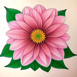 this is a painting of a flower with leaves,a picture of a pink flower with a green leaf on it