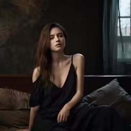 a woman in black sitting on the bed