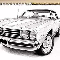 a pencil drawing of a white car,a drawing of an automobile is shown in color