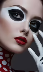 a woman with black and white makeup looks very surprised