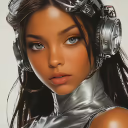 a young lady in silver holding several metal headphones