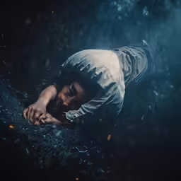 a man falling over in the middle of the forest