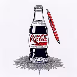 a drawing of a bottle of coca cola and pen on the floor,the pen is next to a coca - cola bottle with a tomato on top