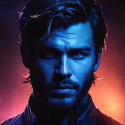 a man looking at the camera with a glowing expression,a man with long hair and dark hair staring at something