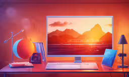 computer monitor with colorful design on desk,there is a computer on the desk on top of it