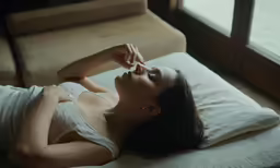 a woman lies down on the bed while putting something in her mouth