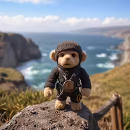 a stuffed bear on top of a mountain next to the ocean