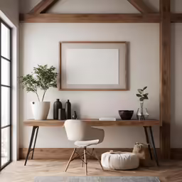 an empty white room with wooden walls and a shelf