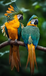 two birds sit on a branch together with leaves around