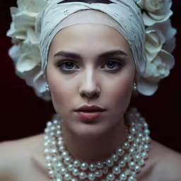 woman with pearls wearing a white headband