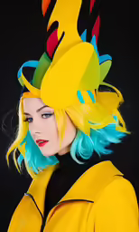 a woman is dressed up in bright colors