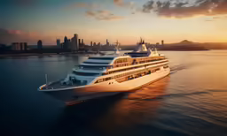 a big ship in the water surrounded by a city